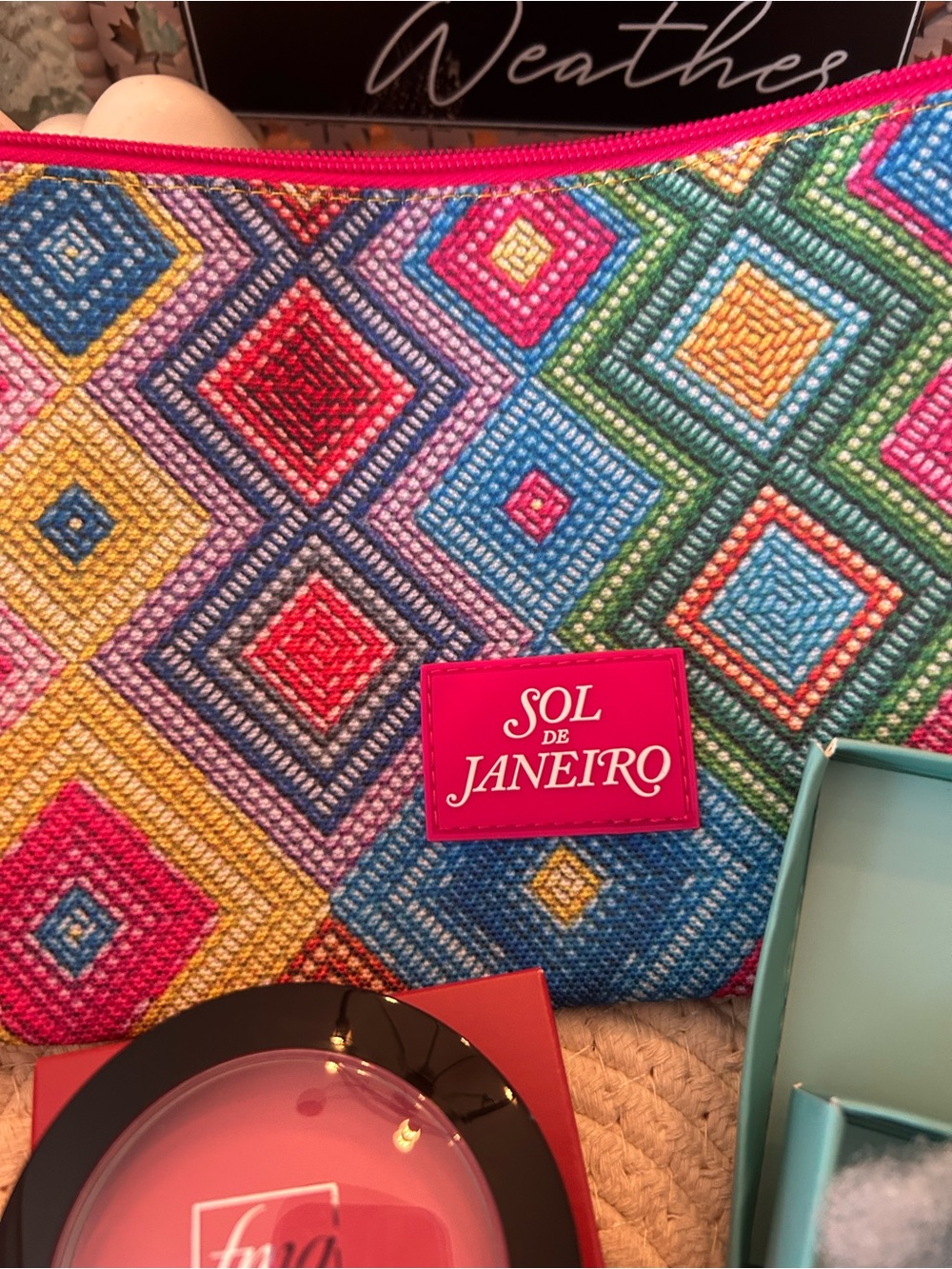 Sol de Janeiro Multicolor Geometric Pouch - Vibrant Pink Trim with 5 items